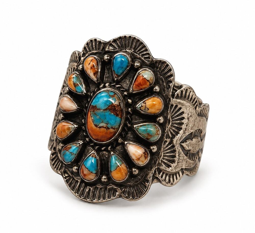 Southwestern Floral 925 Sterling Silver Turquoise Spiny Oyster Ring Size 8